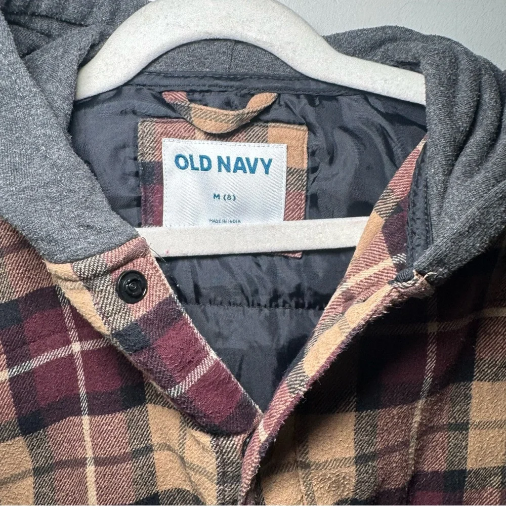 Old Navy Kids Flannel Jacket with Hood Red Tan Plaid Size M‎ 8